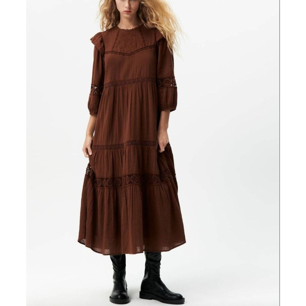 Zara Cottagecore Cotton Embroidered Lace Boho Tiered Maxi Dress Brown Small